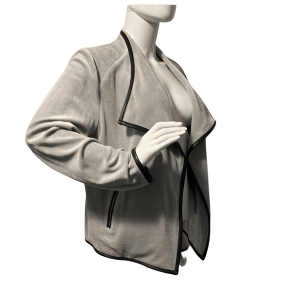 Calvin Klein Gray Velour Faux Leather Trim Cardigan - Picture 2 of 10